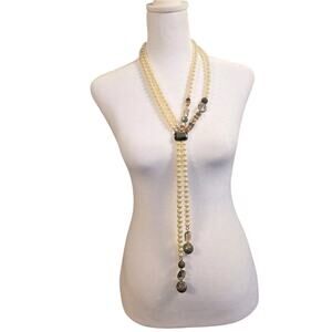 Chico’s Long White Pearl 2-Strand Necklace W/ Round Silver Beads